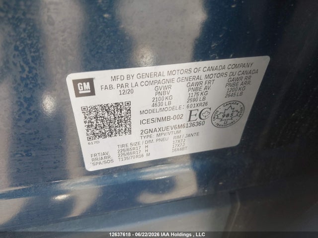 Продаж на аукціоні авто 2021 Chevrolet Equinox Lt, vin: 2GNAXUEV6M6136360, номер лоту: 12637618