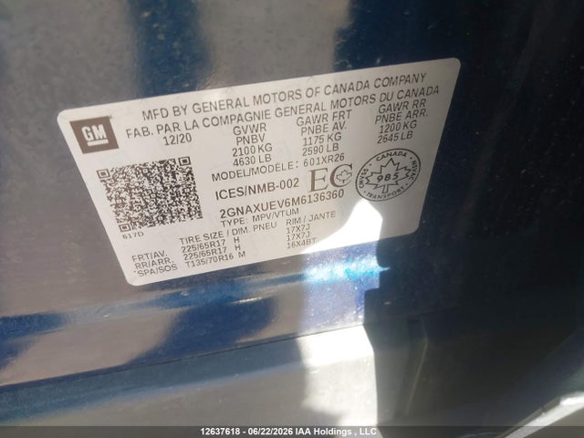 Продаж на аукціоні авто 2021 Chevrolet Equinox Lt, vin: 2GNAXUEV6M6136360, номер лоту: 12637618