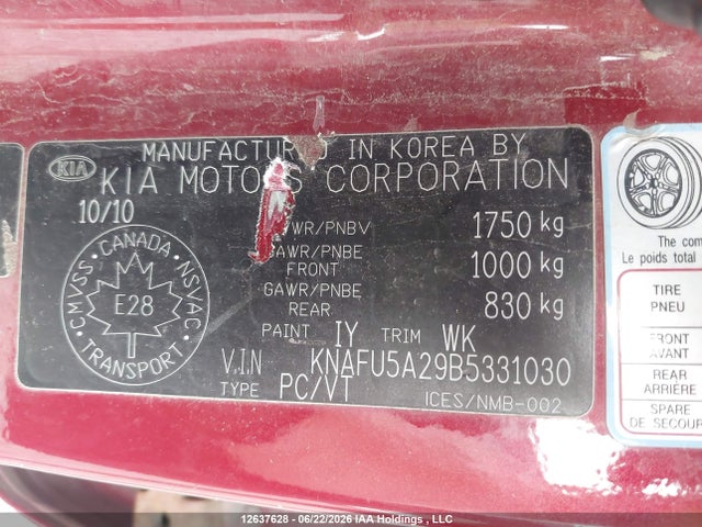 12637628 :رقم المزاد ، KNAFU5A29B5331030 vin ، 2011 Kia Forte5 2.0l Ex مزاد بيع