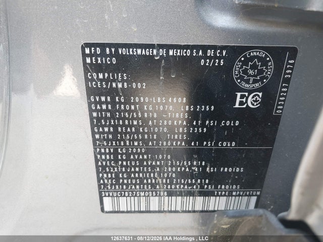 12637631 :رقم المزاد ، 3VVUC7B27SM035796 vin ، 2025 Volkswagen Taos Se مزاد بيع