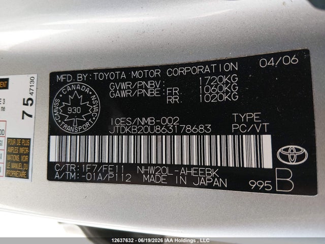Aukcja sprzedaży 2006 Toyota Prius, vin: JTDKB20U863178683, numer aukcji: 12637632