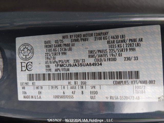 Aukcja sprzedaży 2025 Ford Escape Platinum, vin: 1FMCU9JA3SUA84934, numer aukcji: 12637637