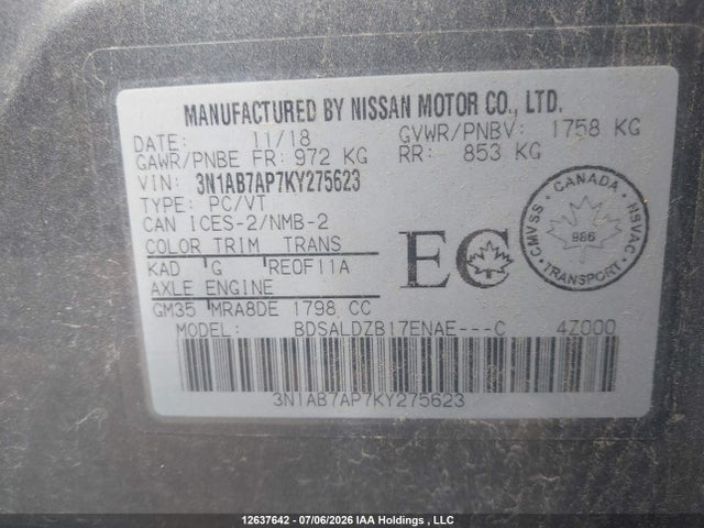 3N1AB7AP7KY275623 Nissan Sentra 1.8 S/1.8 Sv