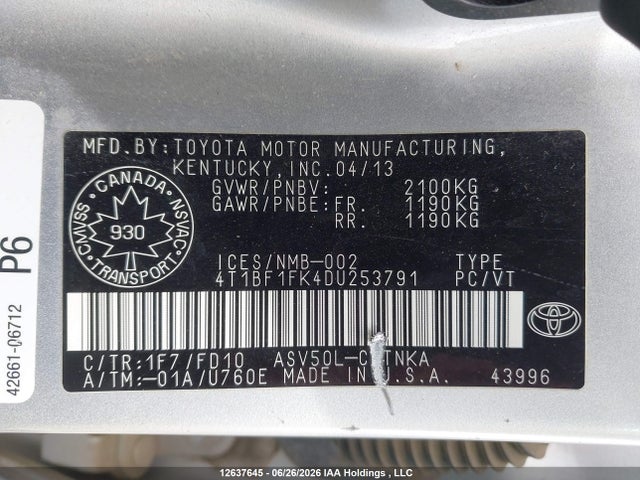 2013 Toyota Camry Le მანქანა იყიდება აუქციონზე, vin: 4T1BF1FK4DU253791, აუქციონის ნომერი: 12637645
