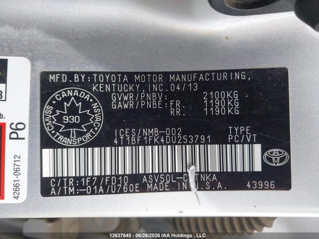 2013 Toyota Camry Le მანქანა იყიდება აუქციონზე, vin: 4T1BF1FK4DU253791, აუქციონის ნომერი: 12637645