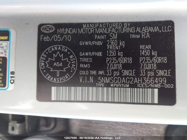 2010 Hyundai Santa Fe მანქანა იყიდება აუქციონზე, vin: 5NMSGDAG2AH366499, აუქციონის ნომერი: 12637650