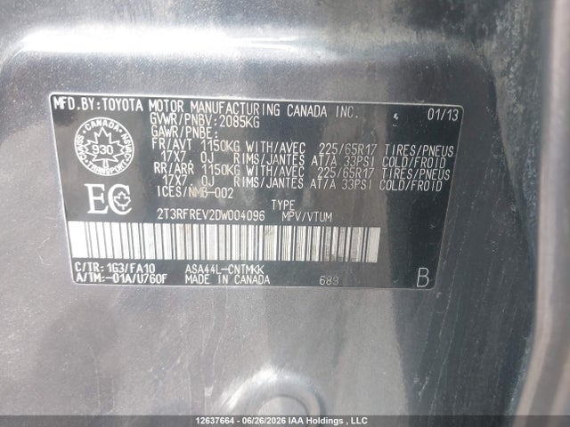 2013 Toyota Rav4 Xle მანქანა იყიდება აუქციონზე, vin: 2T3RFREV2DW004096, აუქციონის ნომერი: 12637664