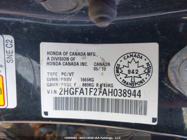 2010 Honda Civic Dx/dx-a მანქანა იყიდება აუქციონზე, vin: 2HGFA1F27AH038944, აუქციონის ნომერი: 12595902