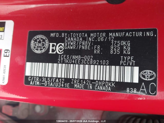 12604410 :رقم المزاد ، 2T1KU4EE3CC892103 vin ، 2012 Toyota Matrix مزاد بيع