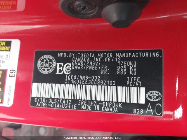 12604410 :رقم المزاد ، 2T1KU4EE3CC892103 vin ، 2012 Toyota Matrix مزاد بيع