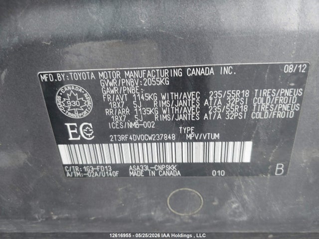 12616955 :رقم المزاد ، 2T3RF4DV0CW237848 vin ، 2012 Toyota Rav4 Sport مزاد بيع
