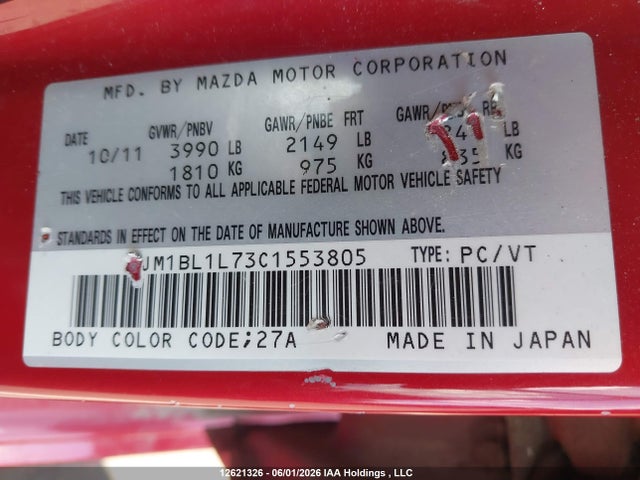 Продаж на аукціоні авто 2012 Mazda Mazda3 Gs-sky, vin: JM1BL1L73C1553805, номер лоту: 12621326