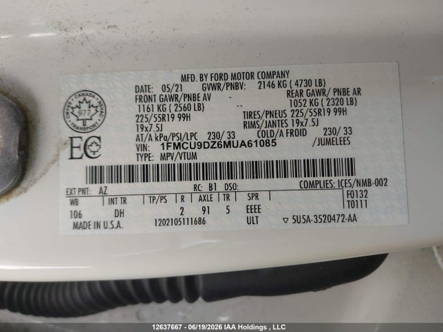 12637667 :رقم المزاد ، 1FMCU9DZ6MUA61085 vin ، 2021 Ford Escape Titanium Hybrid مزاد بيع
