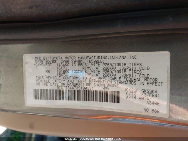 12637669 :رقم المزاد ، 5TDZT34A73S190934 vin ، 2003 Toyota Sequoia مزاد بيع