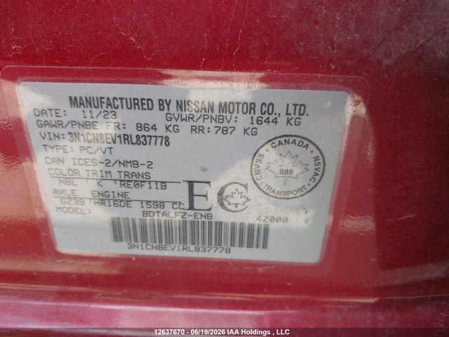 Aukcja sprzedaży 2024 Nissan Versa Sv, vin: 3N1CN8EV1RL837778, numer aukcji: 12637670