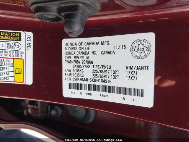 Honda CR-V EX 2016 2HKRM4H5XGH104916 Image 9