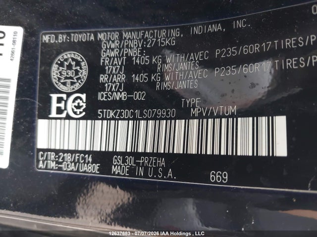 Toyota SIENNA LE 2020 5TDKZ3DC1LS079930 Image 9