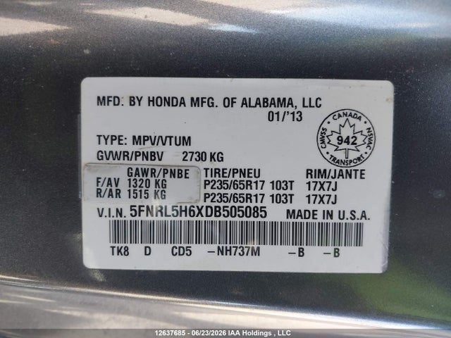 Продаж на аукціоні авто 2013 Honda Odyssey Ex-l, vin: 5FNRL5H6XDB505085, номер лоту: 12637685
