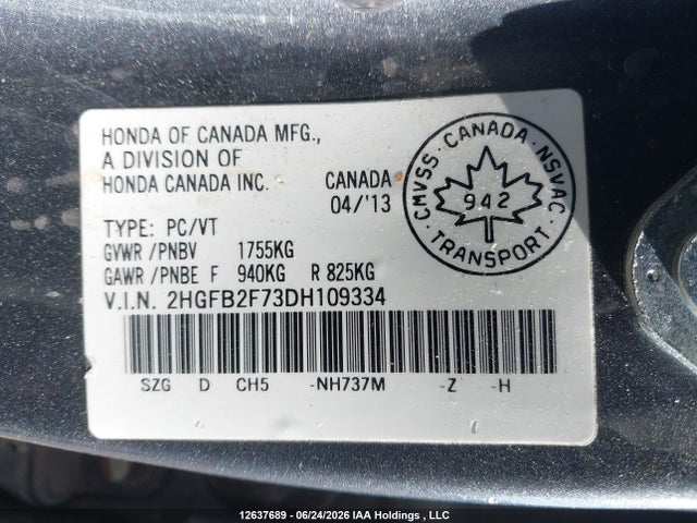 Продаж на аукціоні авто 2013 Honda Civic Touring, vin: 2HGFB2F73DH109334, номер лоту: 12637689