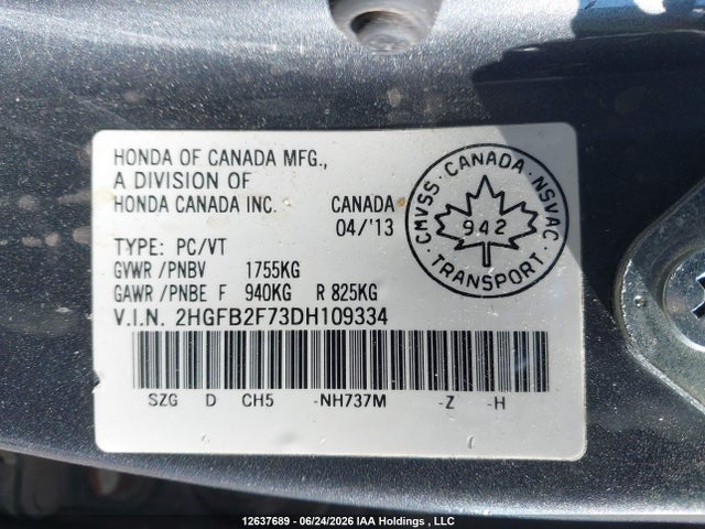 Продаж на аукціоні авто 2013 Honda Civic Touring, vin: 2HGFB2F73DH109334, номер лоту: 12637689