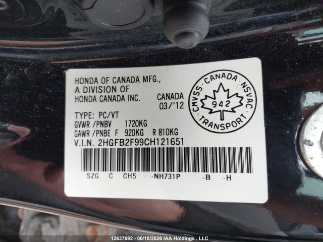 2012 Honda Civic Exl მანქანა იყიდება აუქციონზე, vin: 2HGFB2F99CH121651, აუქციონის ნომერი: 12637692
