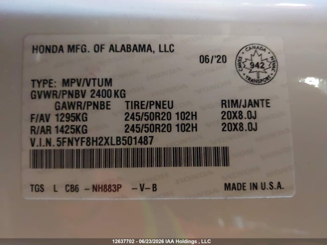 Продаж на аукціоні авто 2020 Honda Passport Sport, vin: 5FNYF8H2XLB501487, номер лоту: 12637702