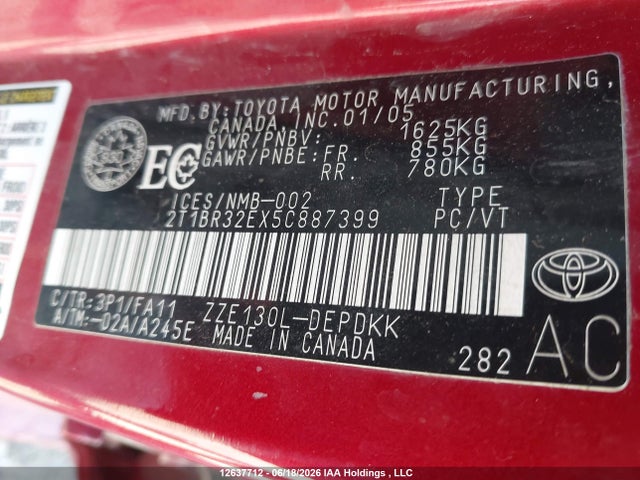 12637712 :رقم المزاد ، 2T1BR32EX5C887399 vin ، 2005 Toyota Corolla Ce/le/s مزاد بيع