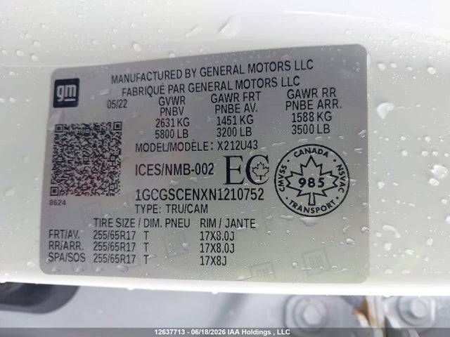 Продаж на аукціоні авто 2022 Chevrolet Colorado Lt, vin: 1GCGSCENXN1210752, номер лоту: 12637713