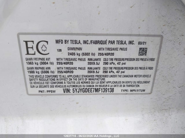Продаж на аукціоні авто 2021 Tesla Model Y, vin: 5YJYGDEE7MF139138, номер лоту: 12637715