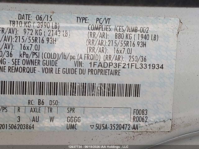 12637734 :رقم المزاد ، 1FADP3F21FL331934 vin ، 2015 Ford Focus Se مزاد بيع
