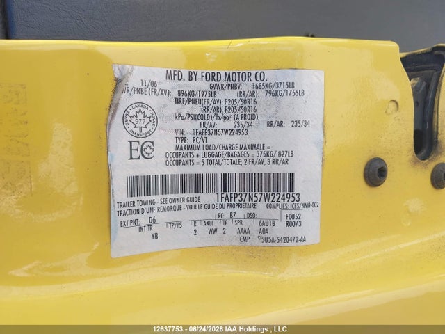 12637753 :رقم المزاد ، 1FAFP37N57W224953 vin ، 2007 Ford Focus Zx5/s/se/ses مزاد بيع