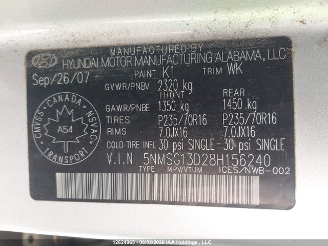Продаж на аукціоні авто 2008 Hyundai Santa Fe Gl/gls, vin: 5NMSG13D28H156240, номер лоту: 12624965