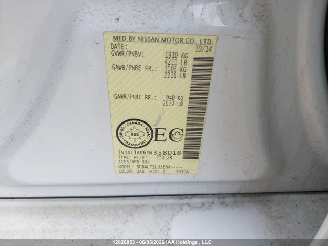 Aukcja sprzedaży 2015 Nissan Altima 2.5/2.5 S/2.5 Sl/2.5 Sv, vin: 1N4AL3AP6FN358018, numer aukcji: 12626853
