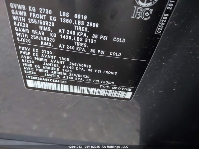12591013 :رقم المزاد ، 1V2NR2CA9KC534125 vin ، 2019 Volkswagen Atlas 3.6 Fsi Execline مزاد بيع