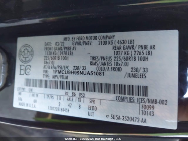 Продажа на аукционе авто 2022 Ford Escape Sel, vin: 1FMCU9H99NUA51081, номер лота: 12605153