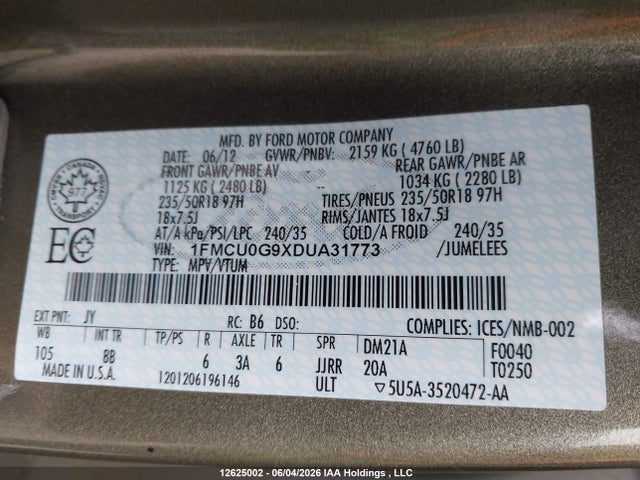 Продаж на аукціоні авто 2013 Ford Escape Se, vin: 1FMCU0G9XDUA31773, номер лоту: 12625002