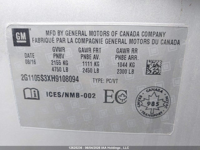 12625236 :رقم المزاد ، 2G1105S3XH9108094 vin ، 2017 Chevrolet Impala 1lt مزاد بيع