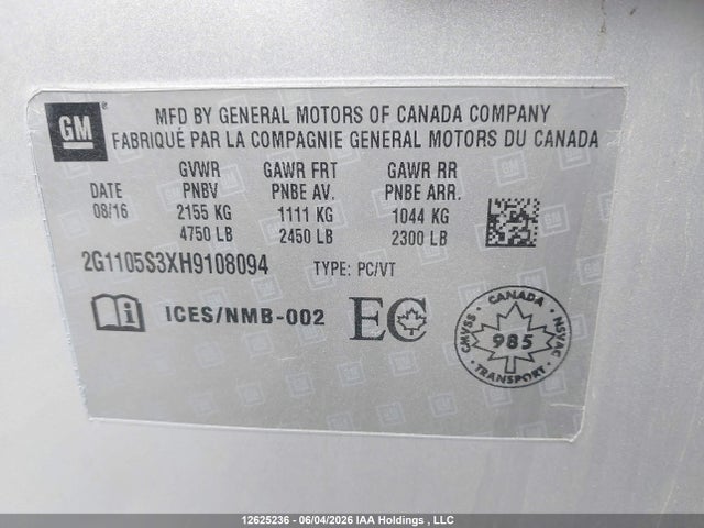 12625236 :رقم المزاد ، 2G1105S3XH9108094 vin ، 2017 Chevrolet Impala 1lt مزاد بيع