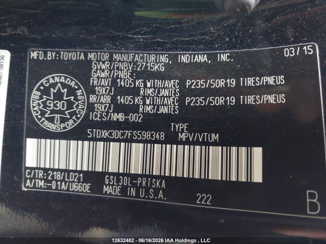 12632482 :رقم المزاد ، 5TDXK3DC7FS598348 vin ، 2015 Toyota Sienna Se 8 Passenger مزاد بيع