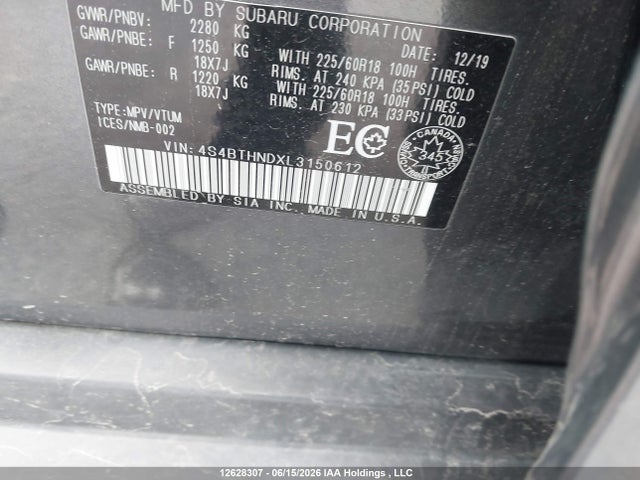 12628307 :رقم المزاد ، 4S4BTHNDXL3150612 vin ، 2020 Subaru Outback Limited Xt مزاد بيع