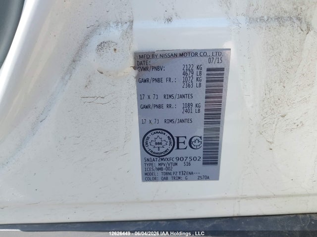 Продаж на аукціоні авто 2015 Nissan Rogue S/sl/sv, vin: 5N1AT2MVXFC907502, номер лоту: 12626449