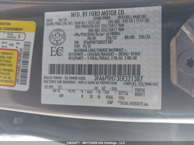 Ford FUSION SE 2014 3FA6P0H73ER321387 Image 9
