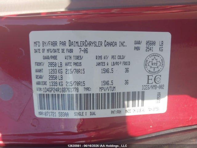 Продажа на аукционе авто 2006 Dodge Grand Caravan, vin: 1D4GP24R16B761778, номер лота: 12635561
