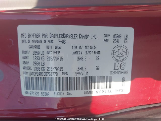 Продажа на аукционе авто 2006 Dodge Grand Caravan, vin: 1D4GP24R16B761778, номер лота: 12635561