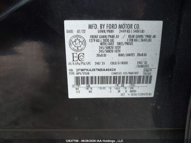 12637766 :رقم المزاد ، 2FMPK4J97NBA46424 vin ، 2022 Ford Edge Sel مزاد بيع