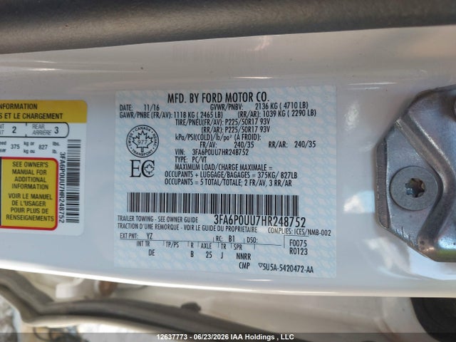 Продаж на аукціоні авто 2017 Ford Fusion S Hybrid, vin: 3FA6P0UU7HR248752, номер лоту: 12637773