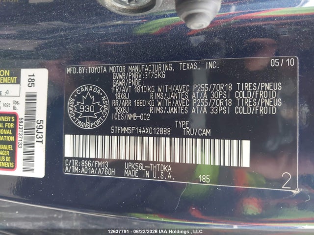 2010 Toyota Tundra მანქანა იყიდება აუქციონზე, vin: 5TFMM5F14AX012888, აუქციონის ნომერი: 12637791