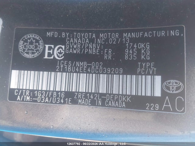2013 Toyota Corolla S/le მანქანა იყიდება აუქციონზე, vin: 2T1BU4EE4DC039209, აუქციონის ნომერი: 12637792