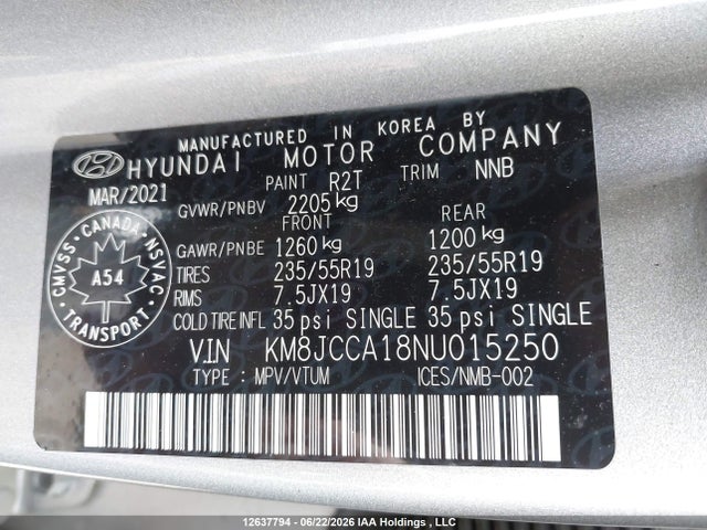 12637794 :رقم المزاد ، KM8JCCA18NU015250 vin ، 2022 Hyundai Tucson Luxury/ultimate مزاد بيع
