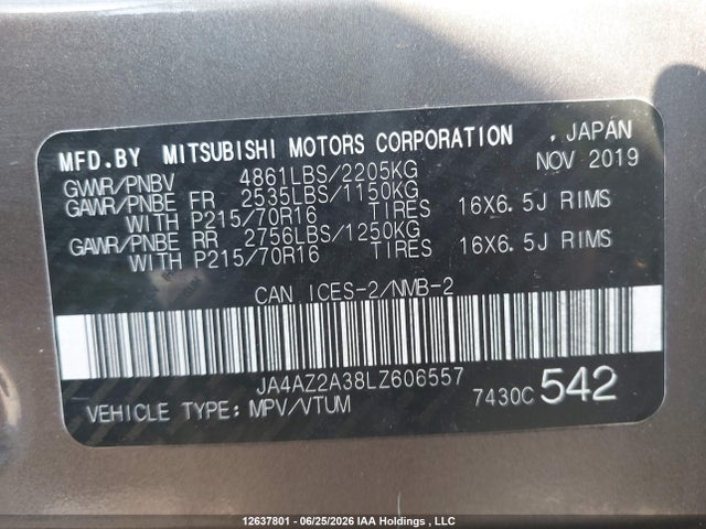2020 Mitsubishi Outlander Es/ex/ex-l მანქანა იყიდება აუქციონზე, vin: JA4AZ2A38LZ606557, აუქციონის ნომერი: 12637801